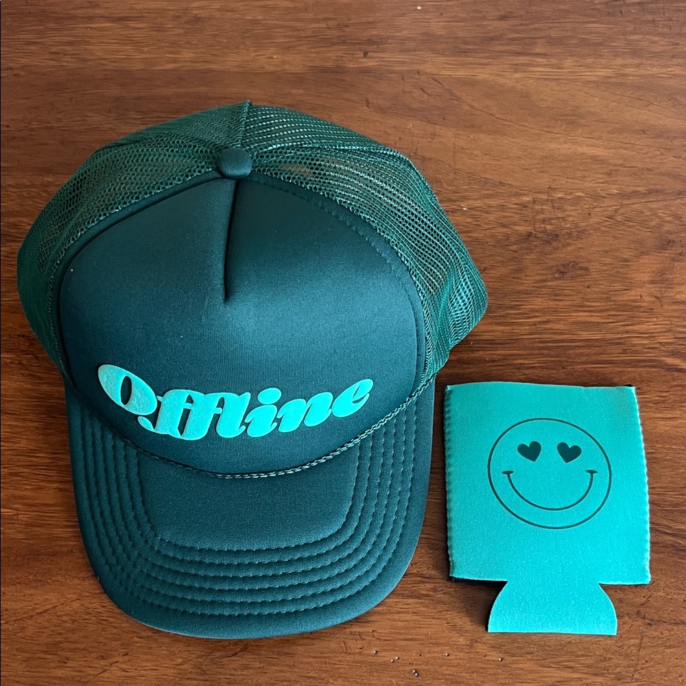 Ulta Beauty Offline Green Trucker Hat and Can Cooler NWT